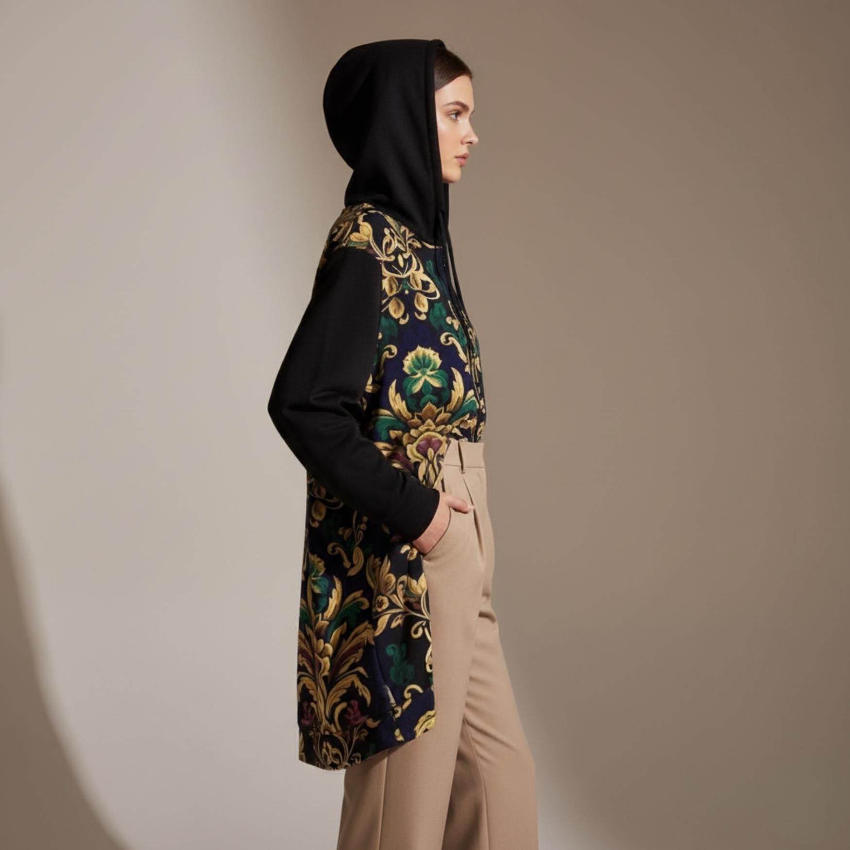 Baroque Long Hooded Coat | Black Gold Statement Zip Jacket