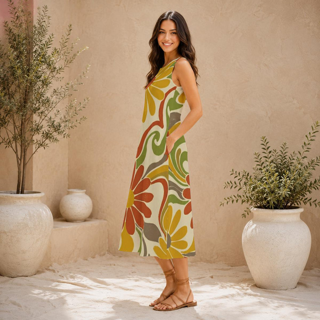 70s Daisy Cotton Midi Dress | Retro Floral A-Line Pocket Dress