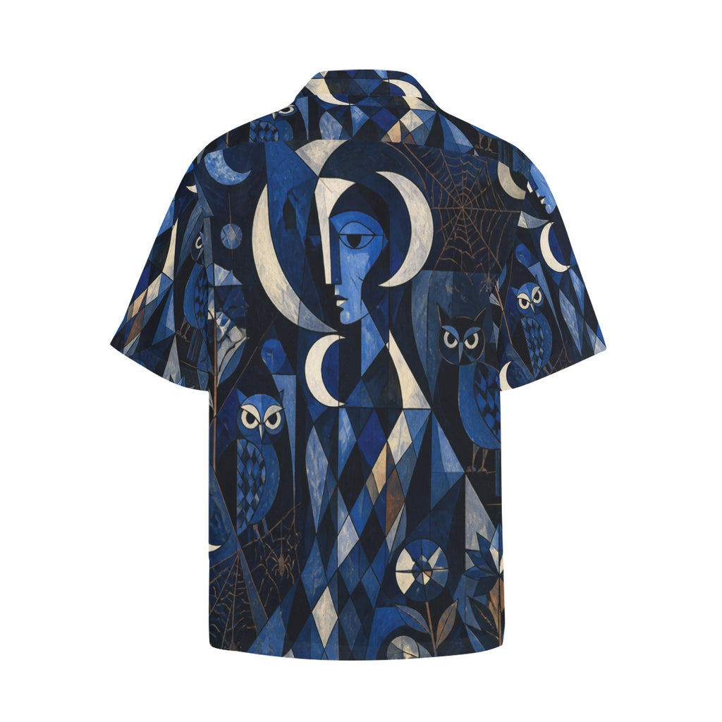 Men’s Celestial Moon Hawaiian Shirt | Navy Owl Camp Collar