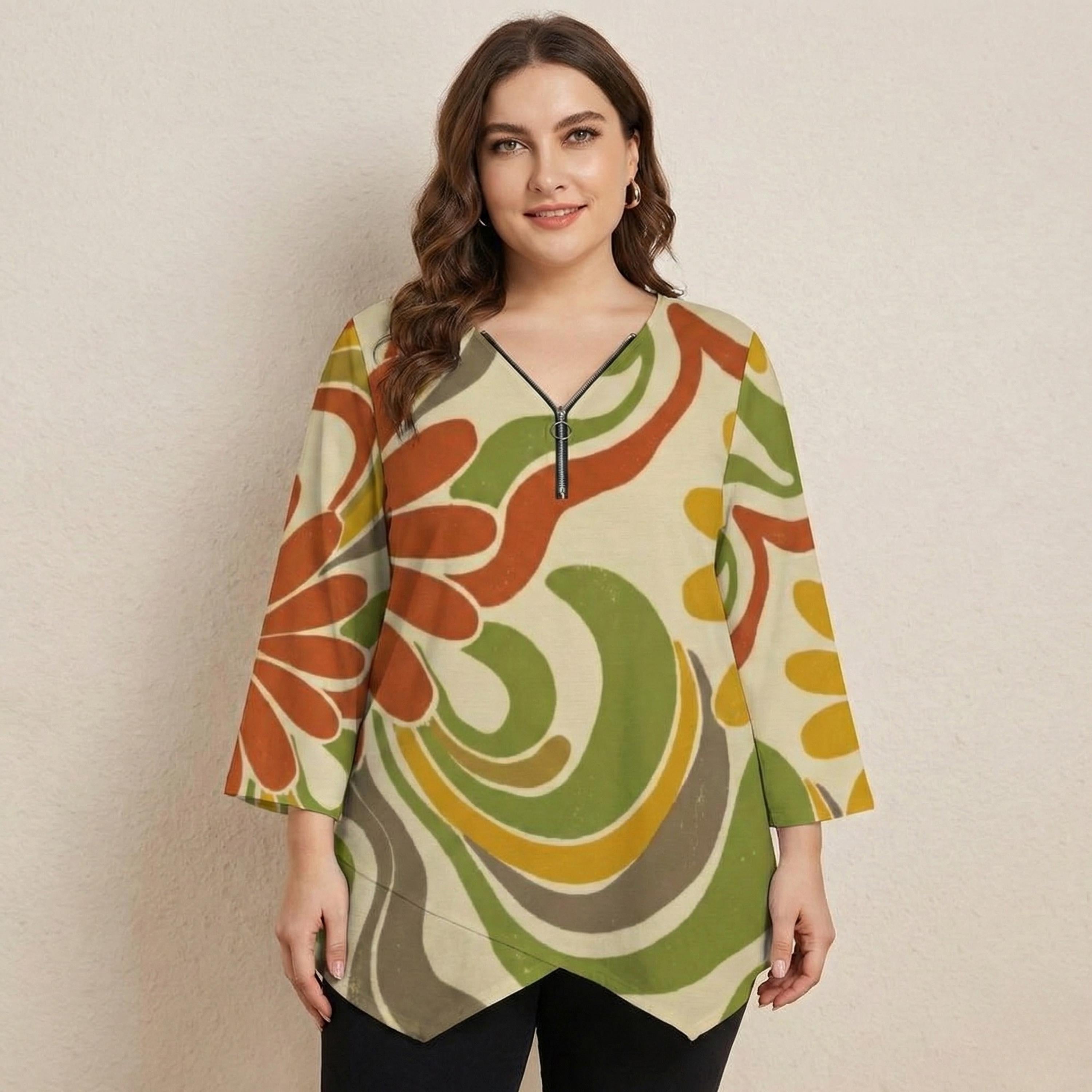 Abstract Floral V-Neck Tunic | Boho Zipper Travel Top