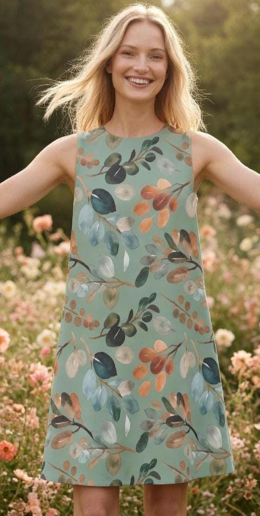 Sage Green Botanical A-Line Mini Dress | Watercolor Leaf Pocket Dress