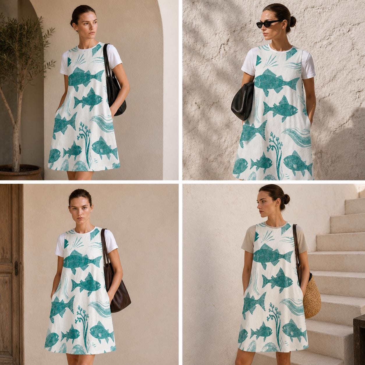 Coastal Fish Pocket Dress | Mediterranean Sleeveless Resort Dress