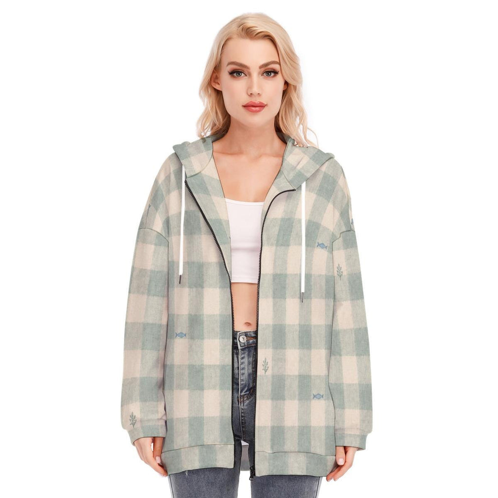 Blue beige plaid check long zip up hoodie — view 11