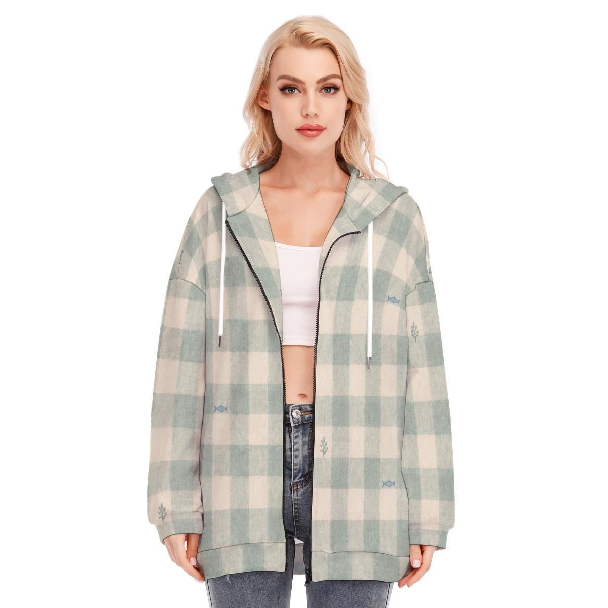 Blue beige plaid check long zip up hoodie — view 11
