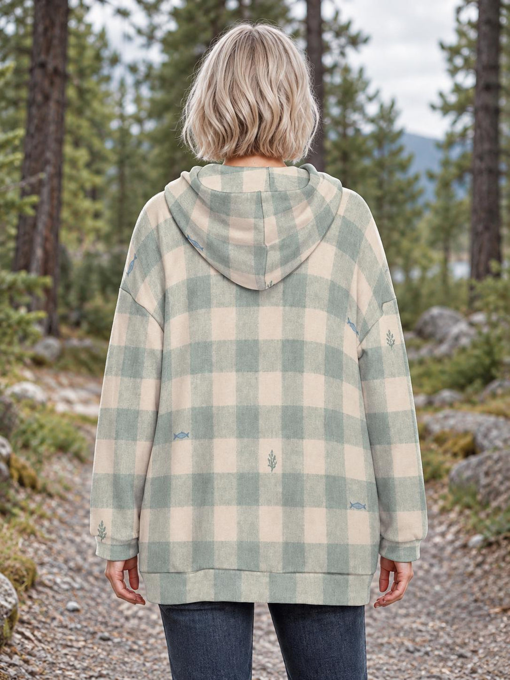 Blue beige plaid check long zip up hoodie — view 2