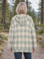 Blue beige plaid check long zip up hoodie — view 2