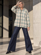 Blue beige plaid check long zip up hoodie — view 3