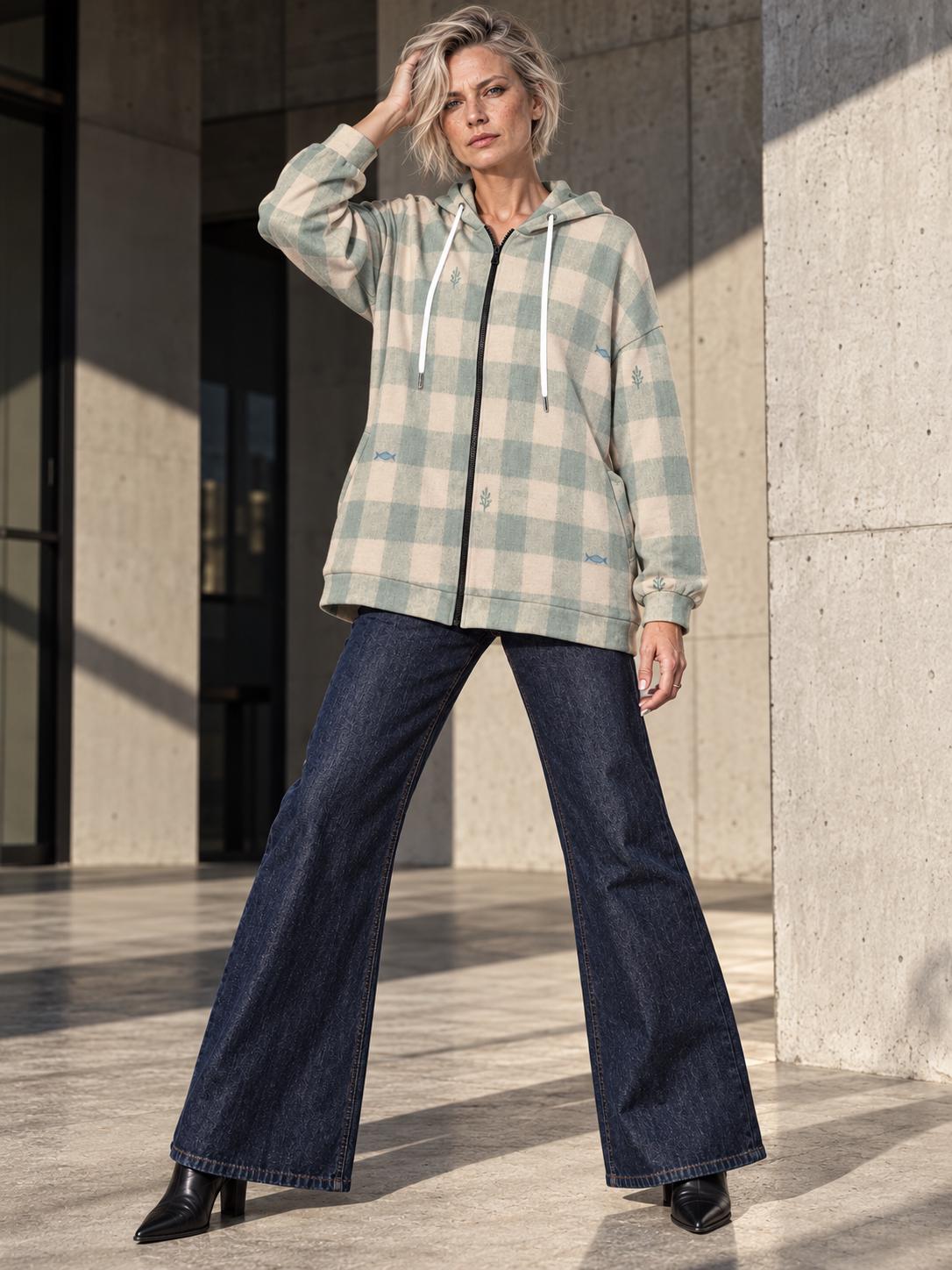 Blue beige plaid check long zip up hoodie — view 3