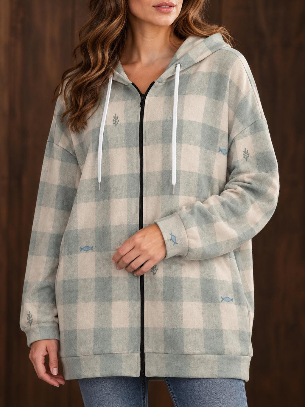 Blue beige plaid check long zip up hoodie — view 4