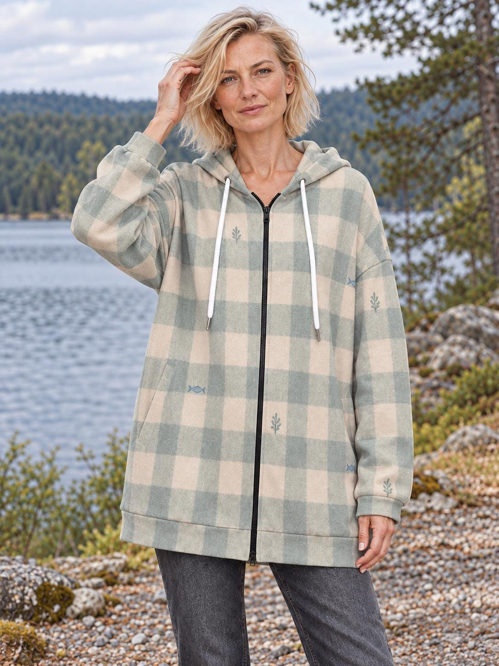 Blue beige plaid check long zip up hoodie — view 5