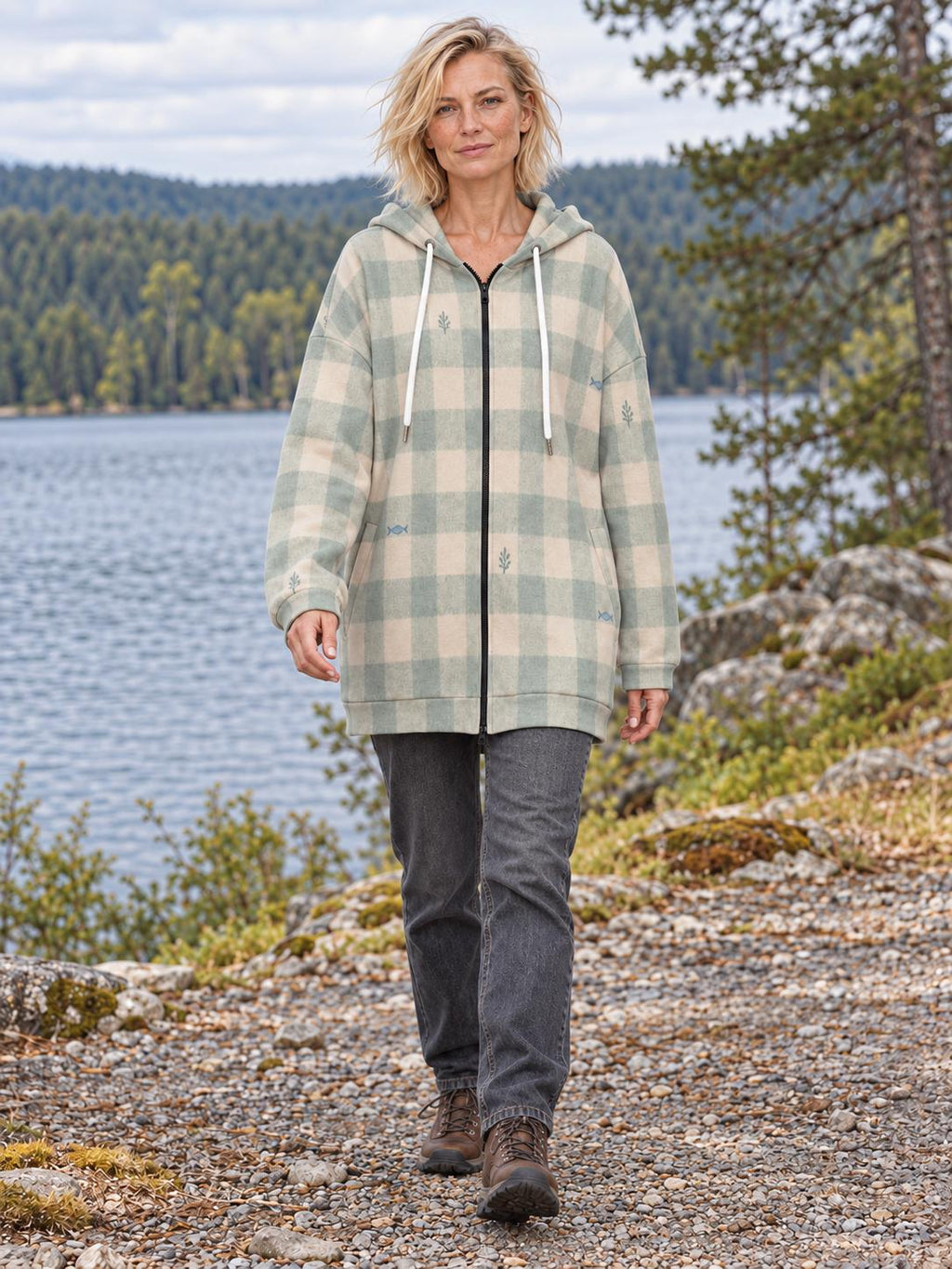 Blue beige plaid check long zip up hoodie — view 7