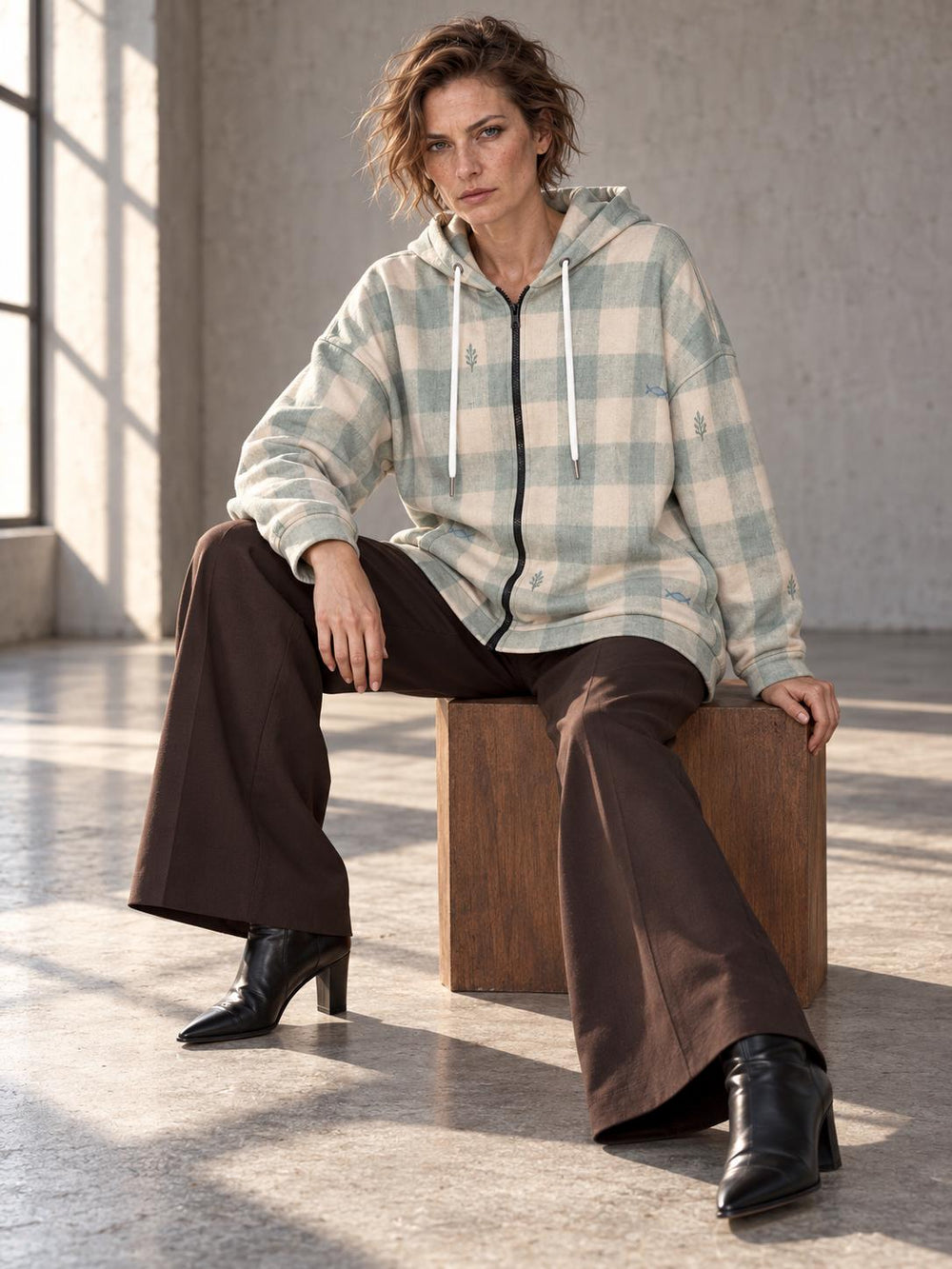Blue beige checkered plaid longline zip hoodie on model