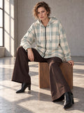 Blue beige checkered plaid longline zip hoodie on model