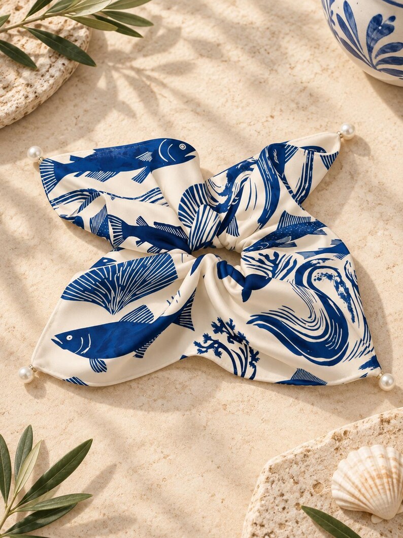 Blue Coastal Fish Bow Scrunchie - alternate view