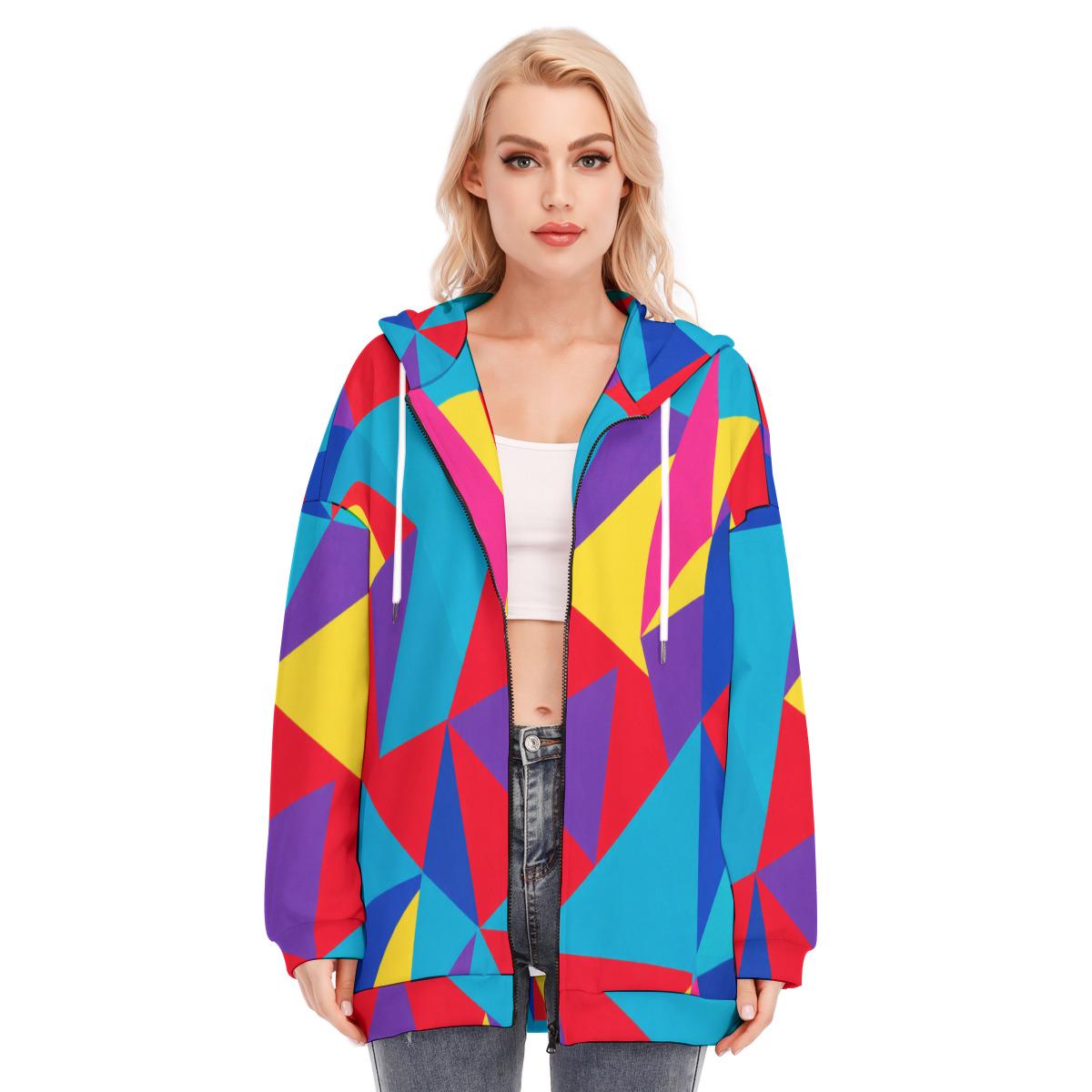 Bright geometric long zip hoodie colorblock design, view 11