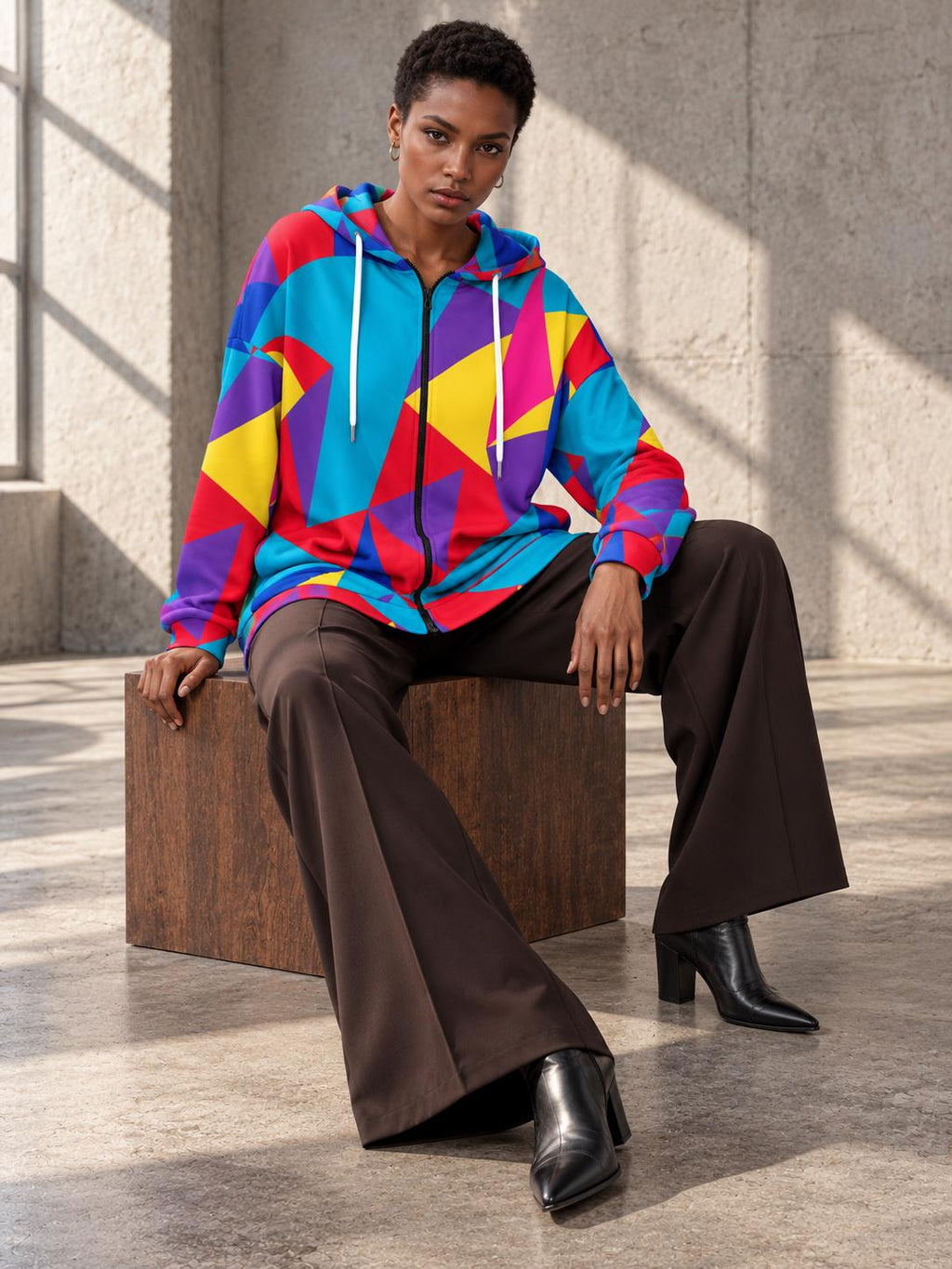 Bright geometric long zip hoodie colorblock design, view 2