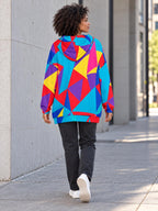 Bright geometric long zip hoodie colorblock design, view 3