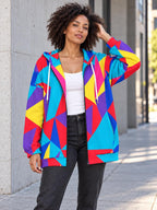 Bright geometric long zip hoodie colorblock design, view 4