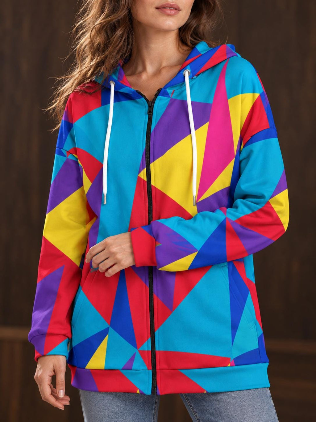 Bright geometric long zip hoodie colorblock design, view 5