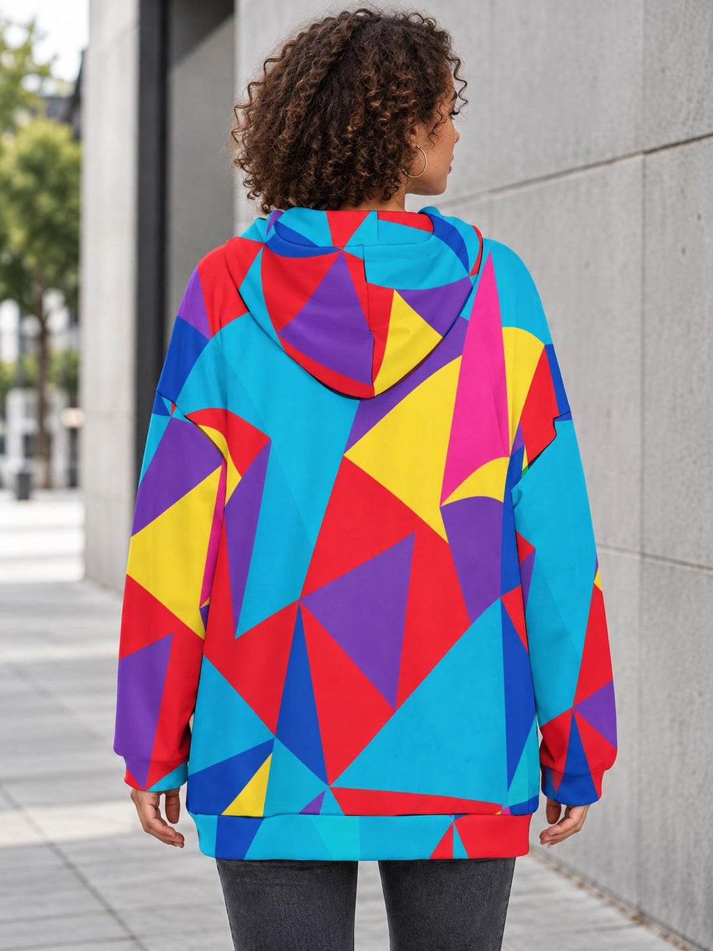 Bright geometric long zip hoodie colorblock design, view 7