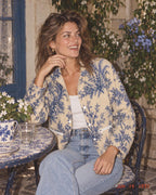 Mediterranean blue floral jacket outfit