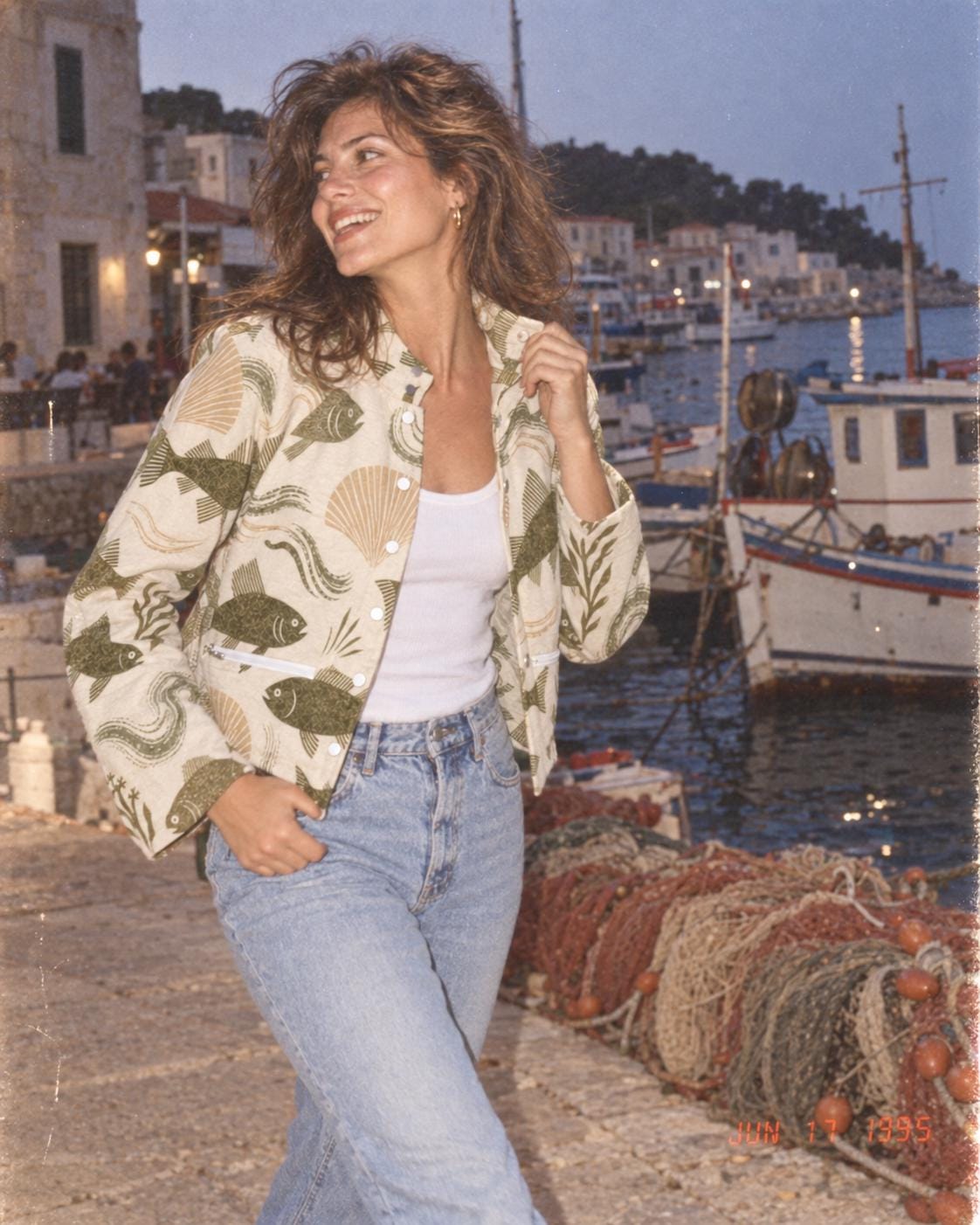 Olive fish print nautical flannel jacket for women