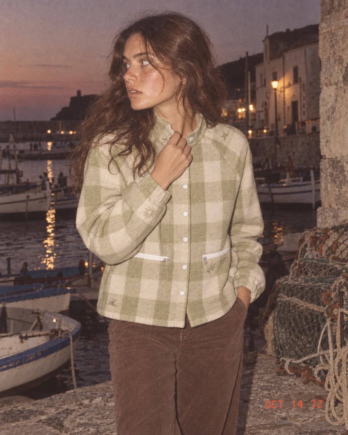 Botanical gingham jacket close view
