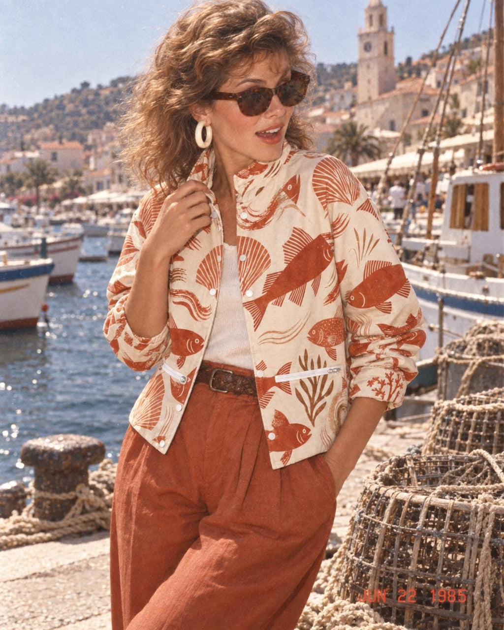 Terracotta fish print flannel shacket for women