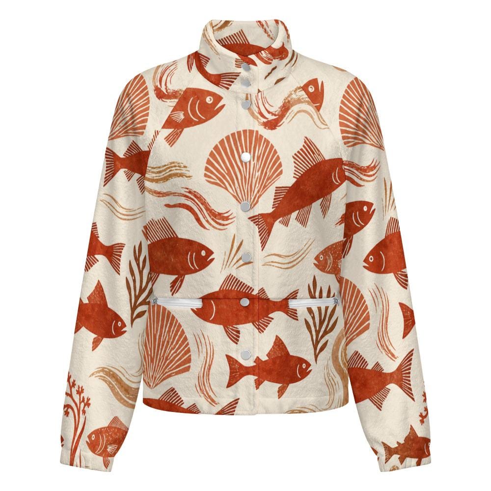 Vintage fish print jacket fabric and print view