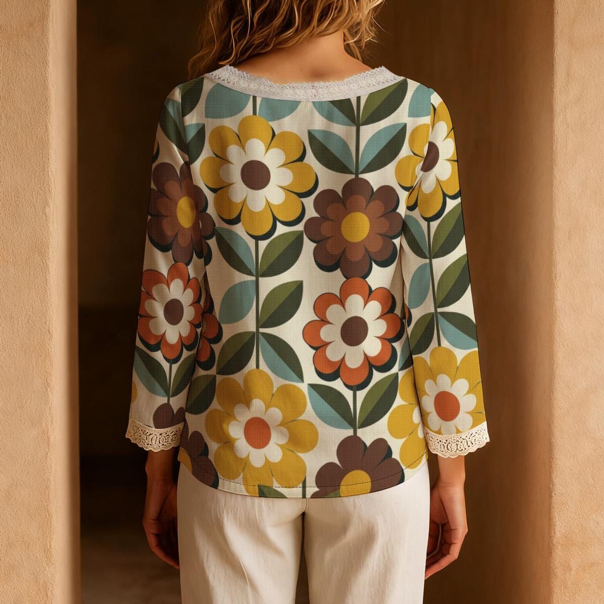 70s Floral Blouse, Retro Daisy Print Tie Neck Long Sleeve Boho Top, detail image 2