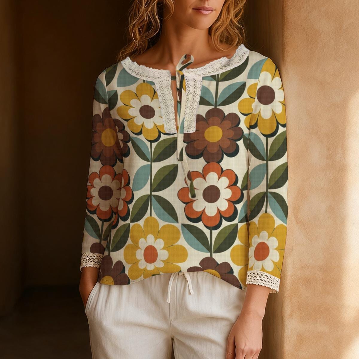 70s Floral Blouse, Retro Daisy Print Tie Neck Long Sleeve Boho Top, detail image 3