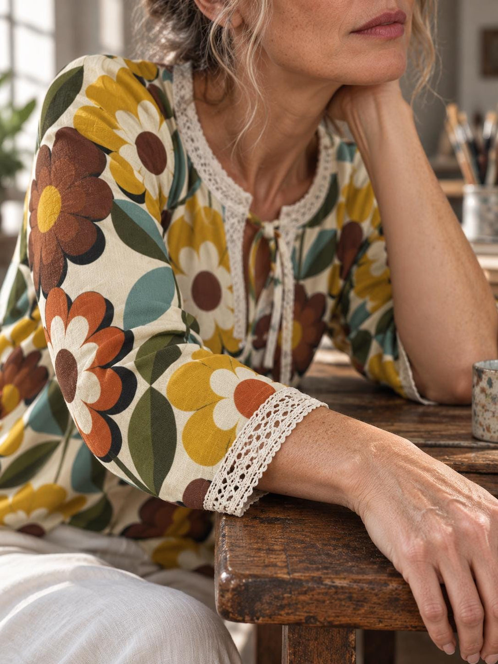 70s Floral Blouse, Retro Daisy Print Tie Neck Long Sleeve Boho Top, detail image 4