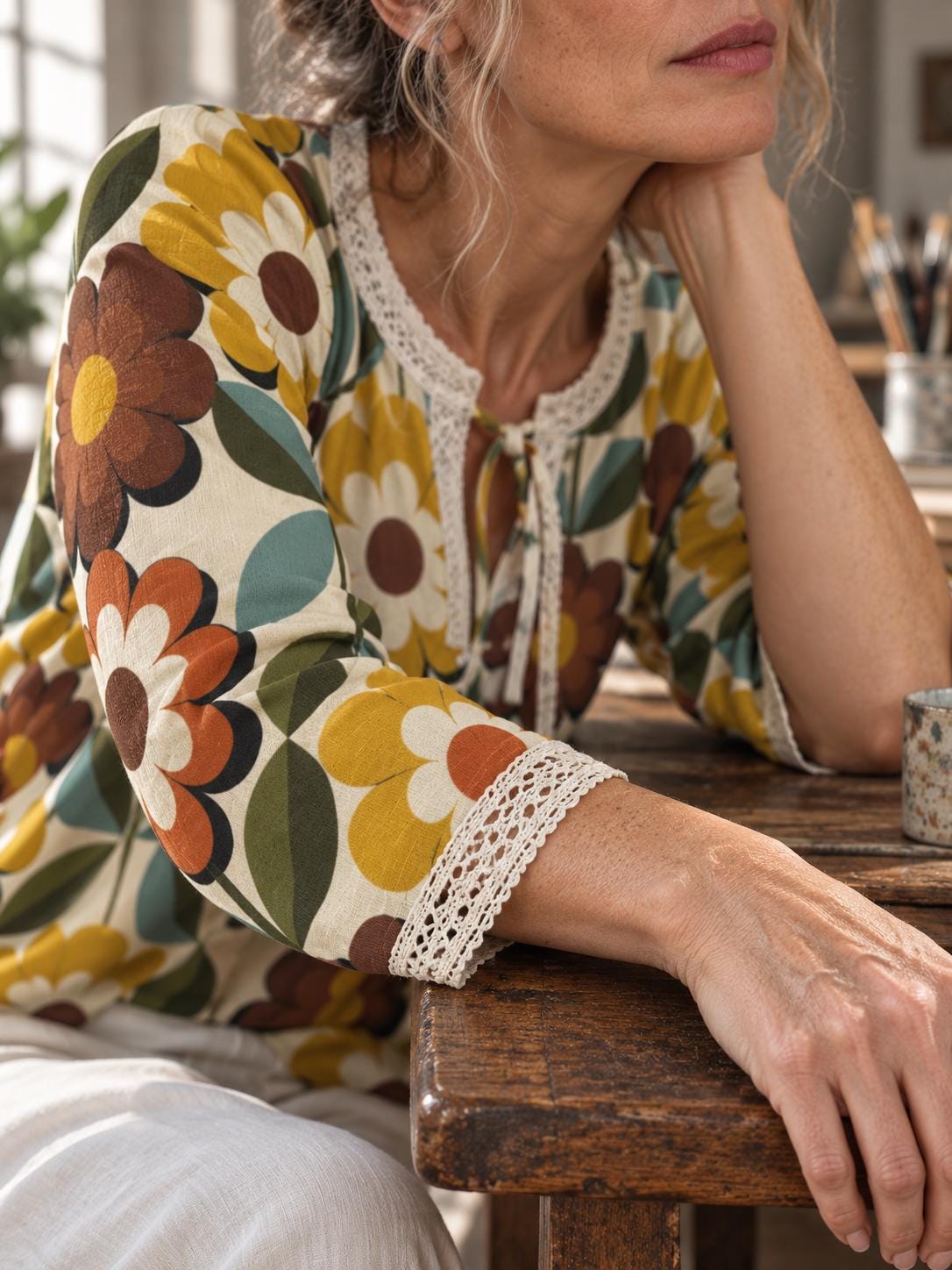 70s Floral Blouse, Retro Daisy Print Tie Neck Long Sleeve Boho Top, detail image 4