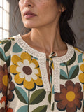 70s Floral Blouse, Retro Daisy Print Tie Neck Long Sleeve Boho Top, front view