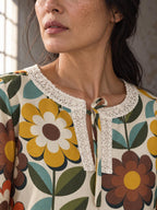 70s Floral Blouse, Retro Daisy Print Tie Neck Long Sleeve Boho Top, front view