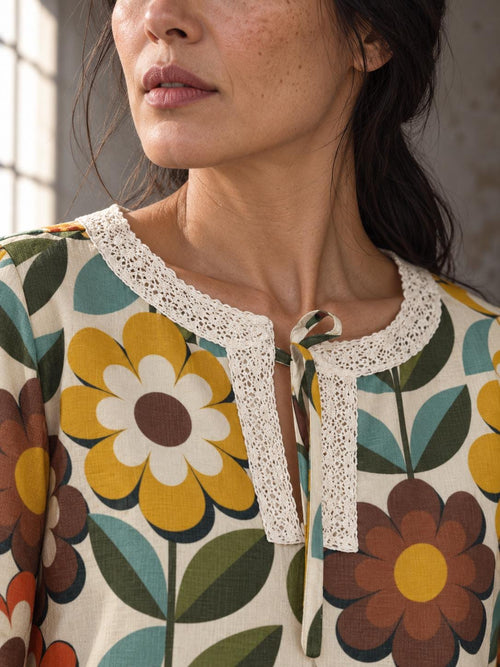 70s Floral Blouse, Retro Daisy Print Tie Neck Long Sleeve Boho Top, front view