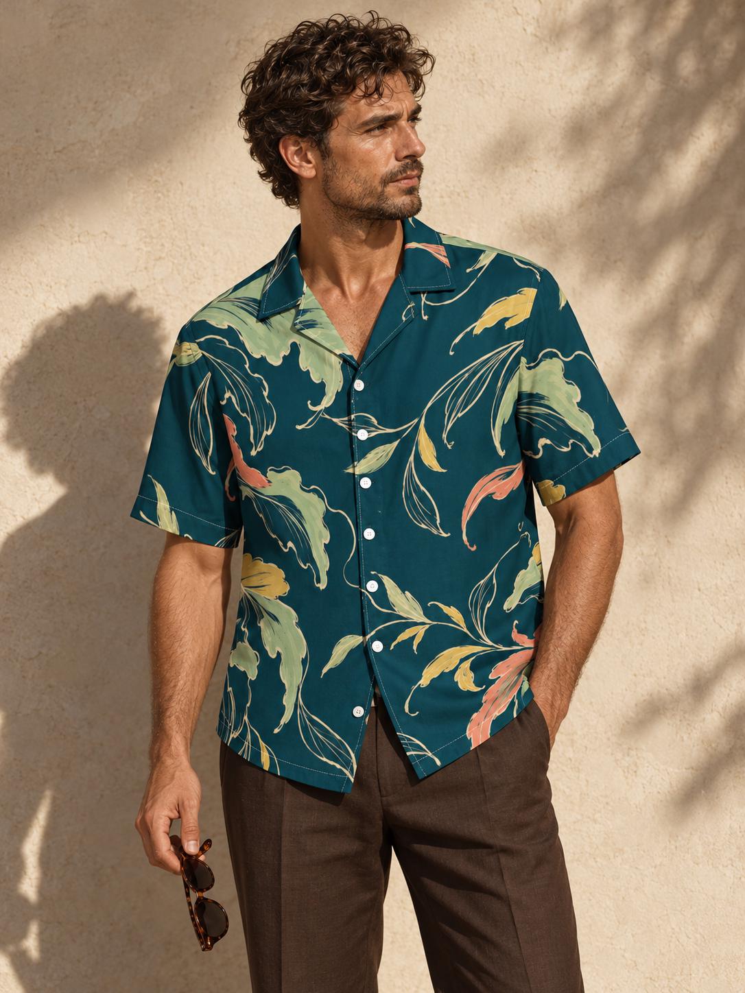 ByZaynCo Teal Botanical Cotton Poplin Camp Collar Shirt — product image 1