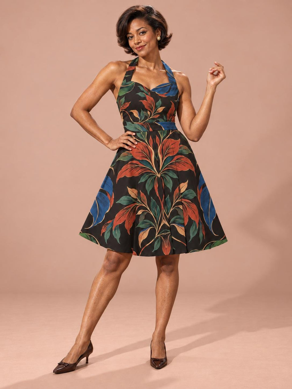 ByZaynCo Black Botanical Halter Skater Dress | Blue & Rust — product image 1