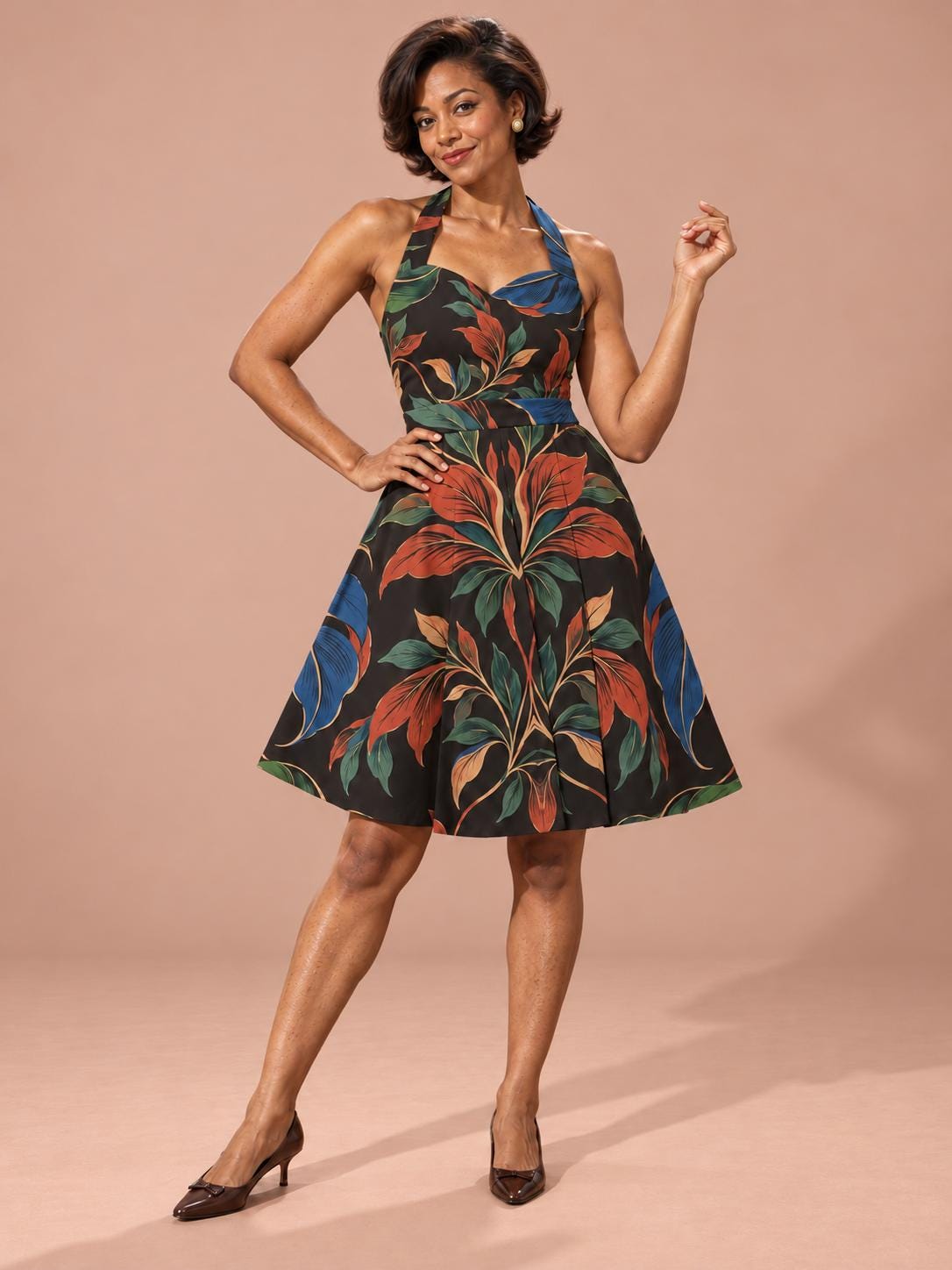 ByZaynCo Black Botanical Halter Skater Dress | Blue & Rust — product image 1