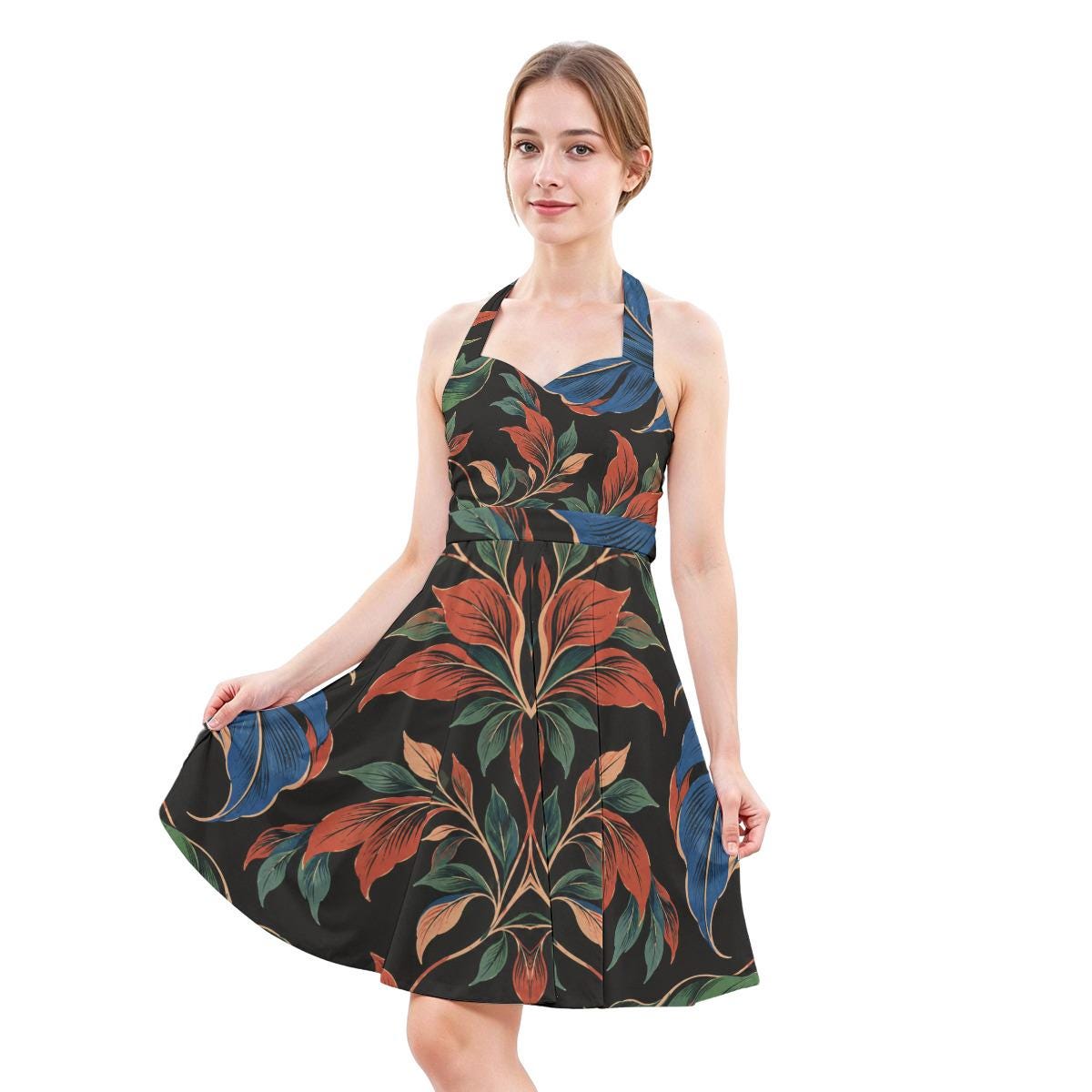 ByZaynCo Black Botanical Halter Skater Dress | Blue & Rust — product image 4