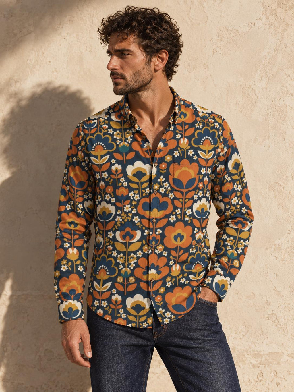 ByZaynCo Navy Folk Floral Slub Cotton Shirt | Long Sleeve — product image 1