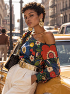 ByZaynCo 70s Flower Power Off Shoulder Sweatshirt, Colorful Navy Floral Women's Statement Top - image 1