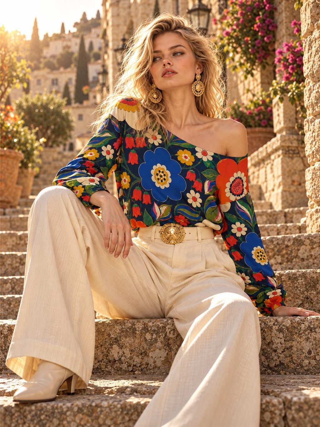 ByZaynCo 70s Flower Power Off Shoulder Sweatshirt, Colorful Navy Floral Women's Statement Top - image 2