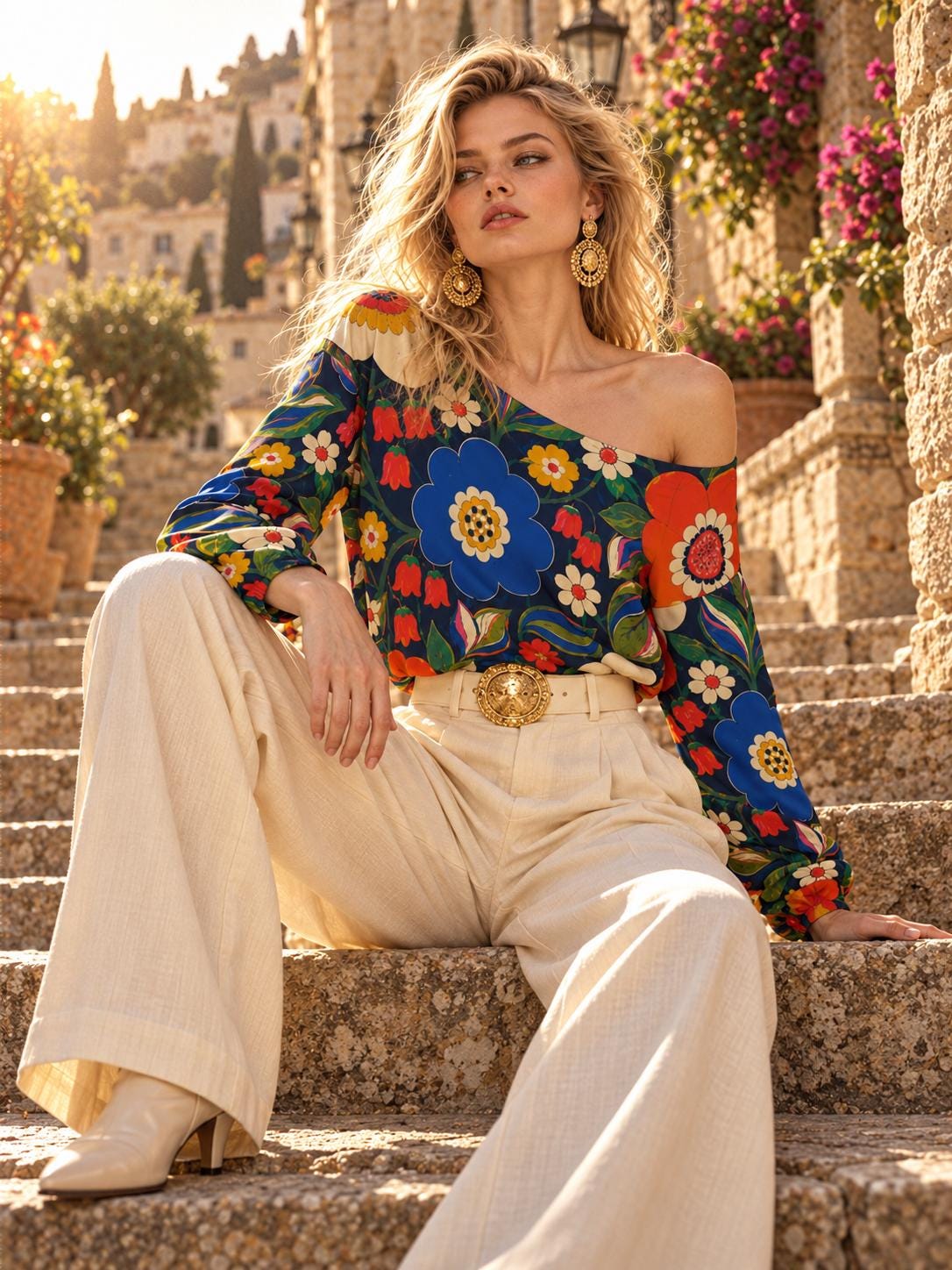 ByZaynCo 70s Flower Power Off Shoulder Sweatshirt, Colorful Navy Floral Women's Statement Top - image 2