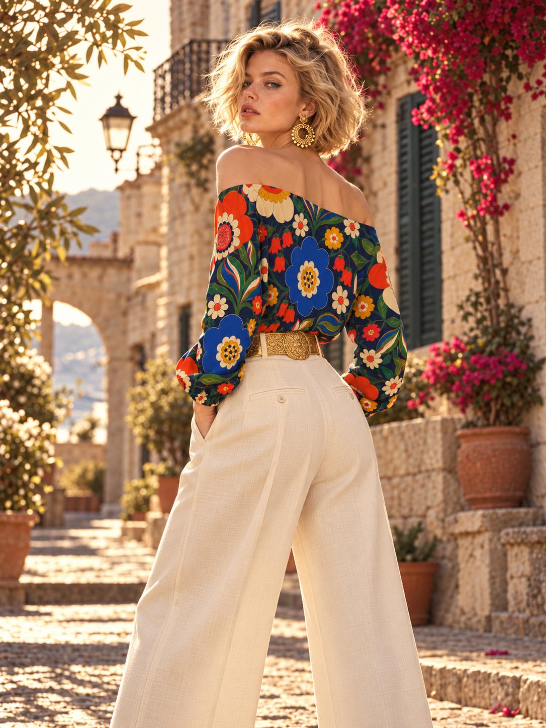 ByZaynCo 70s Flower Power Off Shoulder Sweatshirt, Colorful Navy Floral Women's Statement Top - image 3