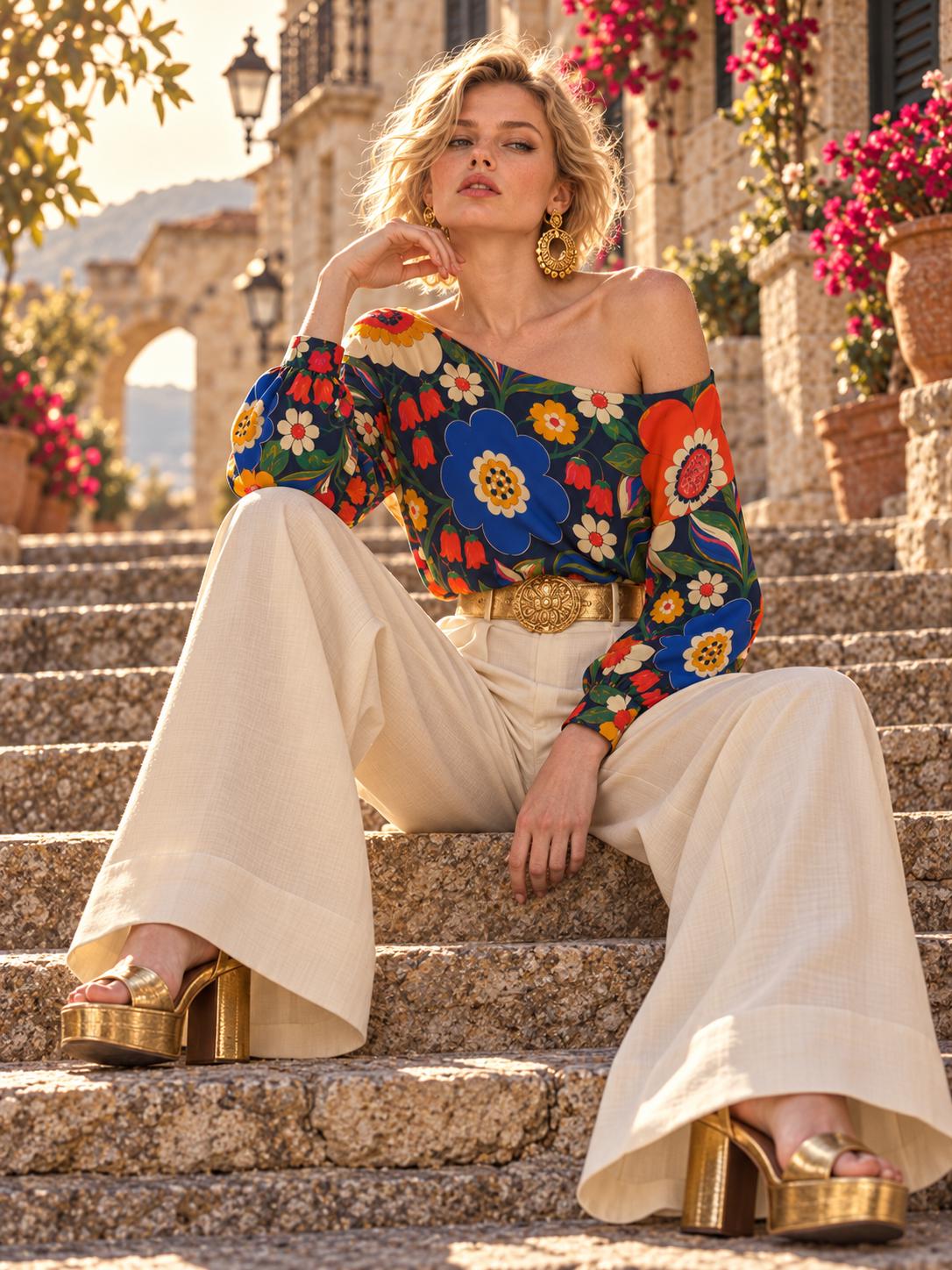 ByZaynCo 70s Flower Power Off Shoulder Sweatshirt, Colorful Navy Floral Women's Statement Top - image 4