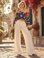 ByZaynCo 70s Flower Power Off Shoulder Sweatshirt, Colorful Navy Floral Women's Statement Top - image 5