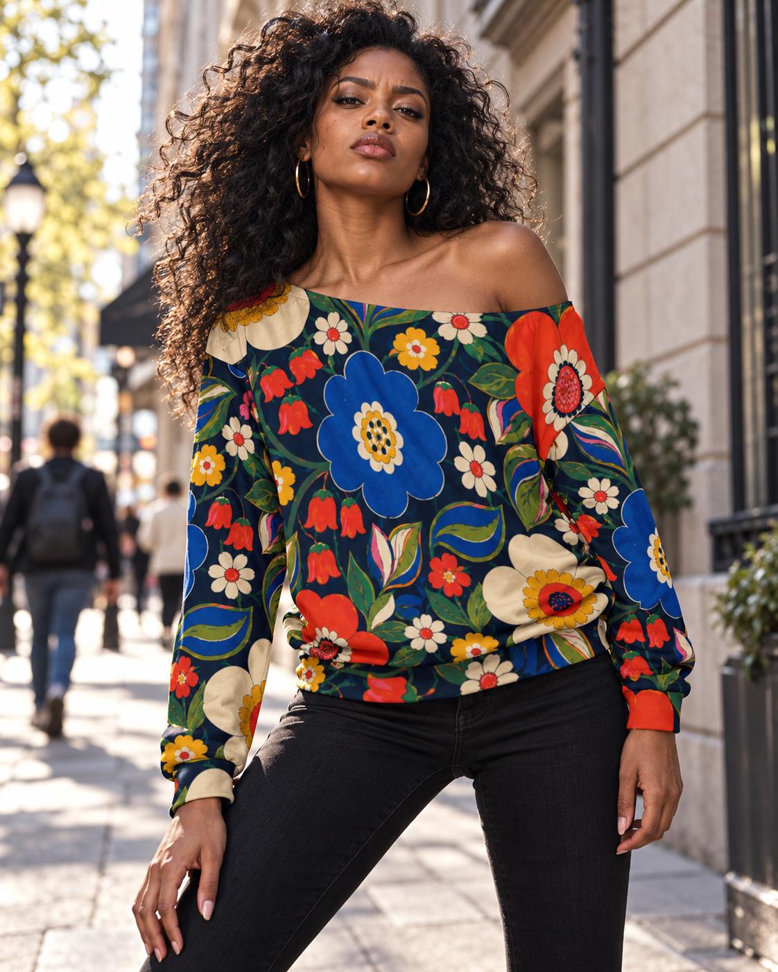 ByZaynCo 70s Flower Power Off Shoulder Sweatshirt, Colorful Navy Floral Women's Statement Top - image 9