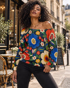 ByZaynCo 70s Flower Power Off Shoulder Sweatshirt, Colorful Navy Floral Women's Statement Top - image 10