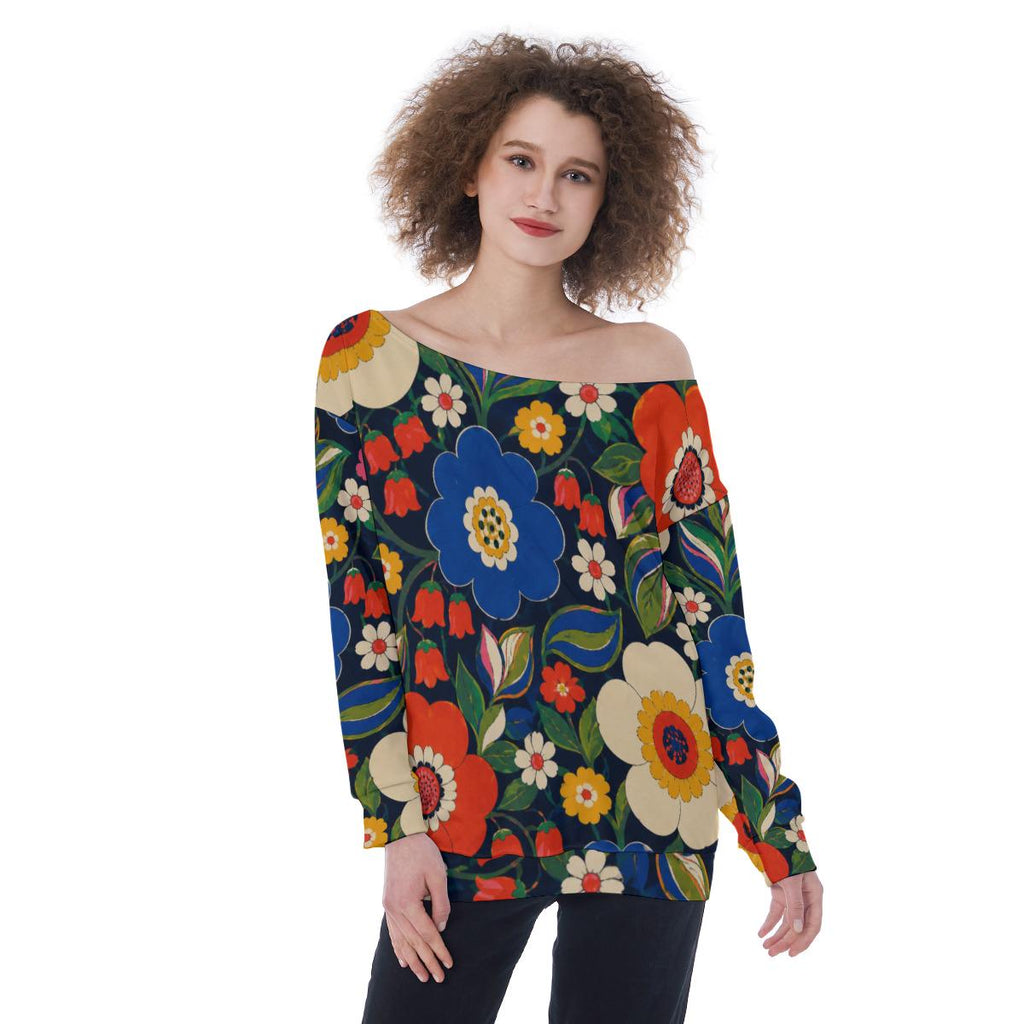 ByZaynCo 70s Flower Power Off Shoulder Sweatshirt, Colorful Navy Floral Women's Statement Top - image 11
